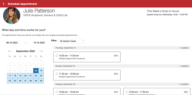 Screenshot of SAGE calendar with available appointment times