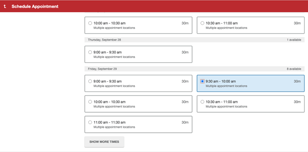 SAGE screenshot showing that the user has selected one appointment time